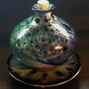 Vintage Ceramic Oil or Perfume Bottle with Saucer Made in France